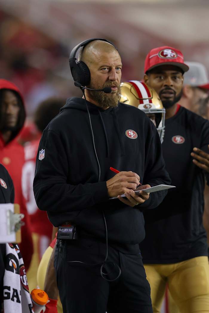 Aug 25, 2023; San Francisco 49ers tight end coach Brian Fleury during a game against the Los Angeles Chargers. Mandatory Credit: Sergio Estrada-USA TODAY